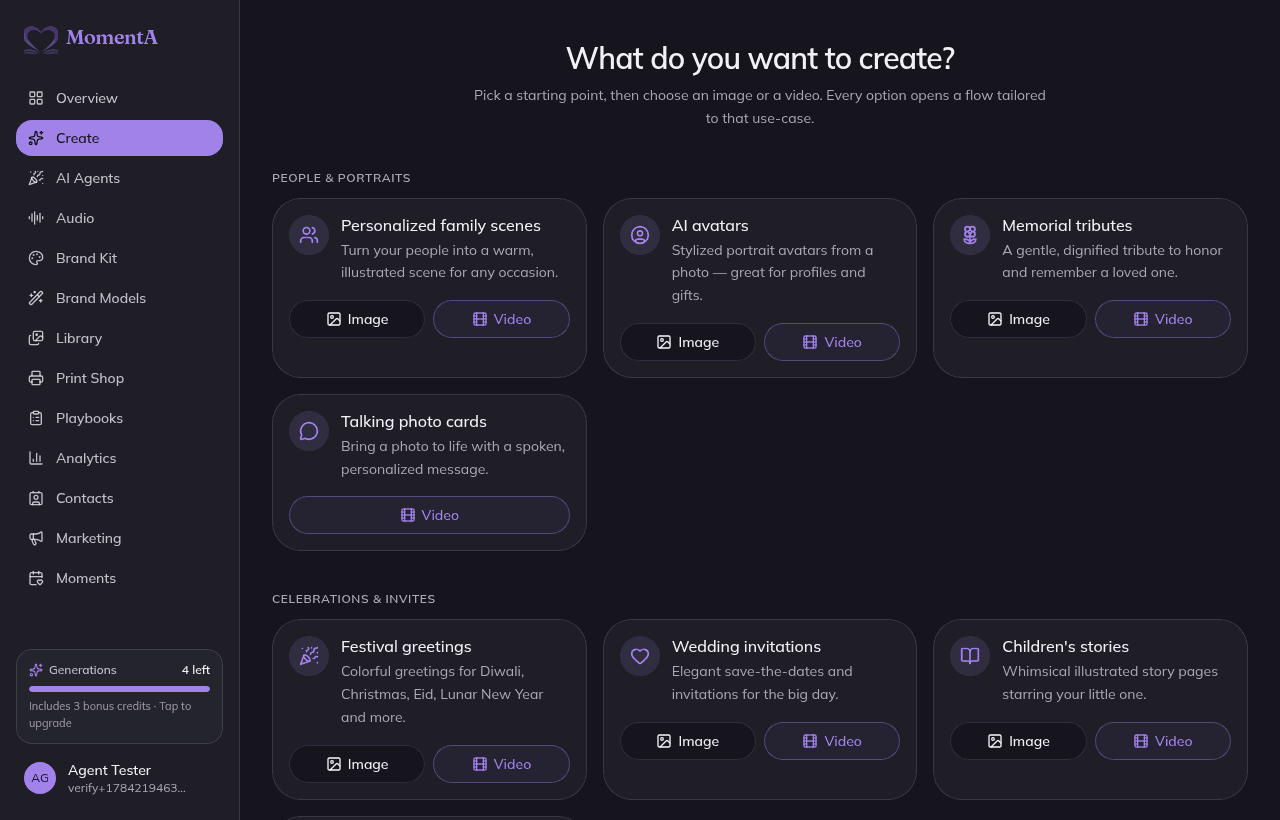 The Create wizard's starting screen titled 'What do you want to create?' with tiles for family scenes, AI avatars, festival greetings, invitations, and more, each offering an Image or Video option.