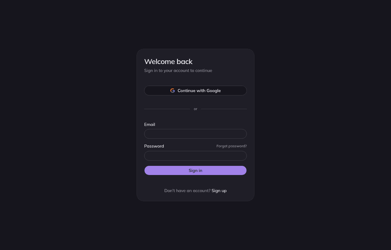 The MomentA sign-in screen with email and password fields, a Continue with Google button, and a Forgot password link.