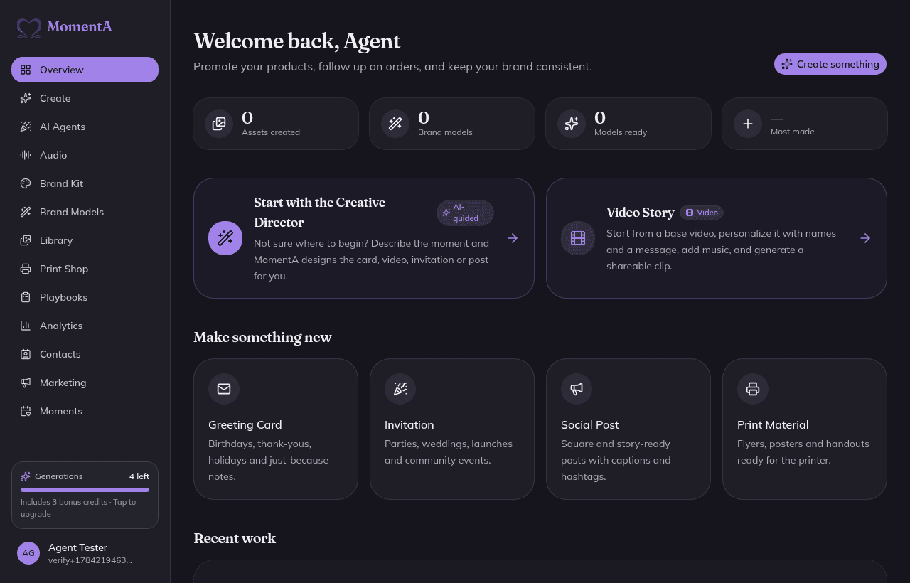 The MomentA studio overview showing the sidebar, quick-start cards, and format tiles.