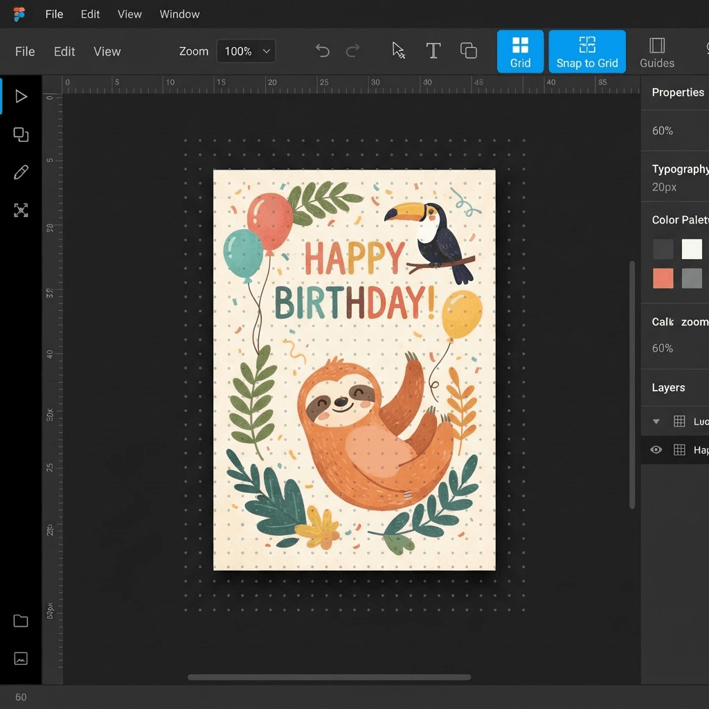 The MomentA canvas editor with the grid overlay active, showing a regular dot pattern over the card design. The Grid button in the toolbar is highlighted.
