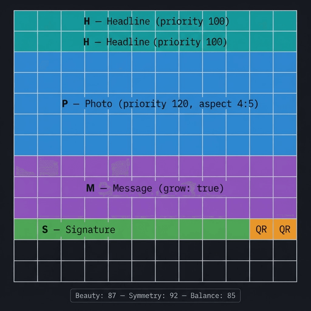 A 12-column grid showing elements placed as labeled coloured zones: Headline (H) across columns 1-12, Photo (P) rows 3-9, Message (M) rows 10-12, Signature (S) bottom left, QR bottom right. A score bar at the bottom shows Beauty 87, Symmetry 92, Balance 85.