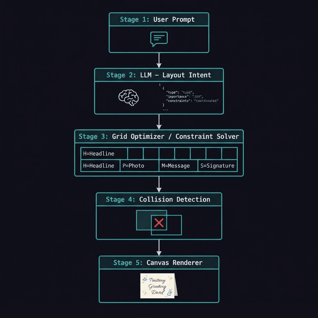 Architecture diagram showing the five-stage pipeline: User Prompt → LLM (Layout Intent) → Grid Optimizer / Constraint Solver → Collision Detection → Canvas Renderer.