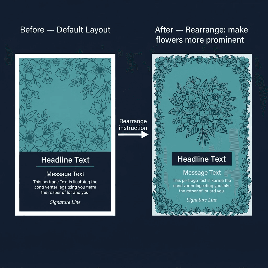 Side-by-side comparison of a birthday card before and after the instruction 'make the flowers more prominent'. Before: hero image at top, text below. After: flower border framing the card, large bouquet in centre, text below.