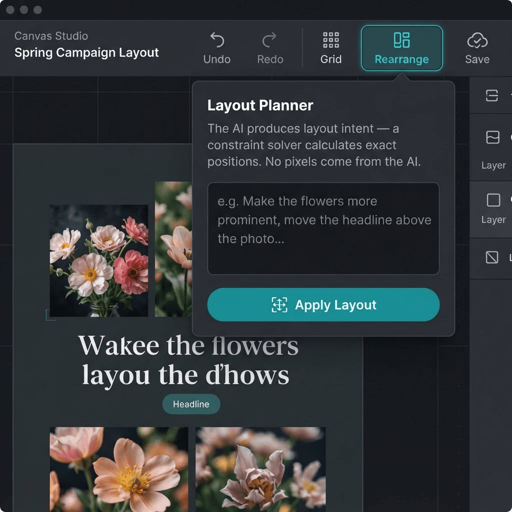 The Rearrange popover open in the toolbar, showing a textarea for the layout instruction and an Apply Layout button.