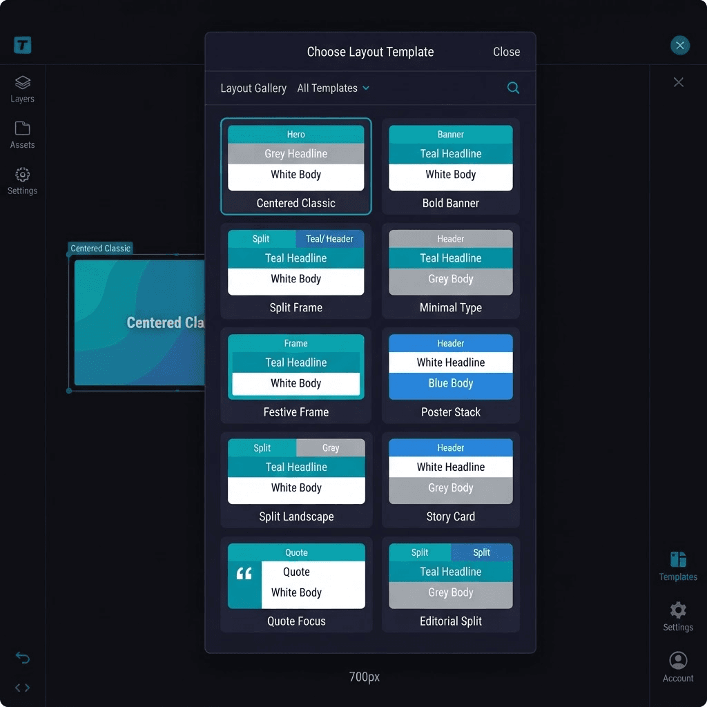 The MomentA template picker showing 10 layout templates in a grid, each with a colour-coded zone preview thumbnail.