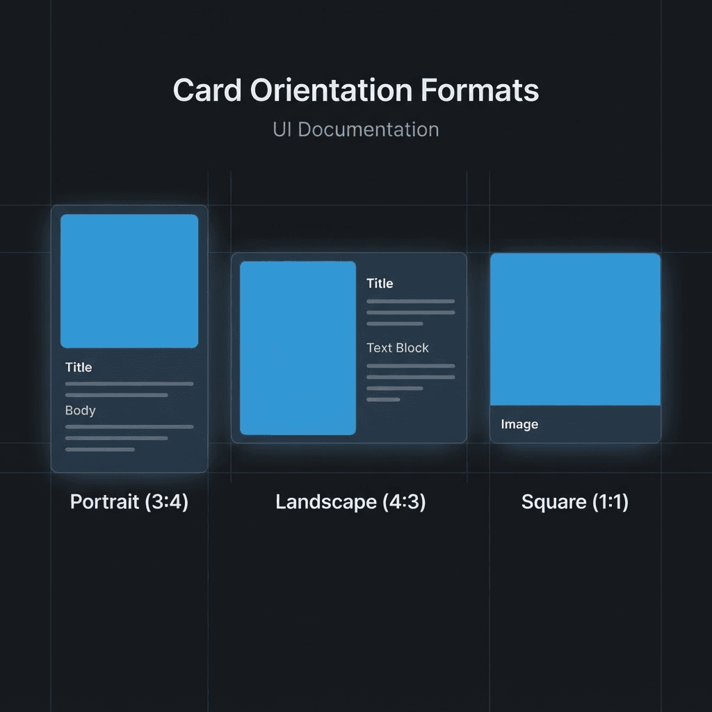 Three card shapes side by side: a tall portrait card, a wide landscape card with a left-right split, and a square card.