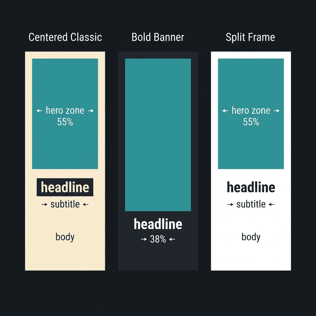 Diagram of three templates side by side — Centered Classic, Bold Banner, and Split Frame — each with labelled coloured zones showing where hero, headline, subtitle, and body live.